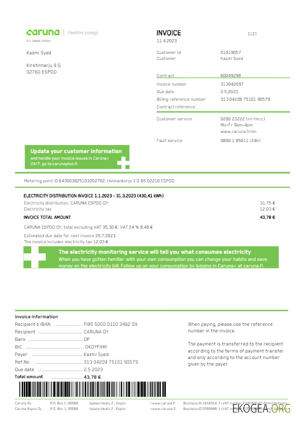 FINLAND CARUNA utility bill Word and PDF template